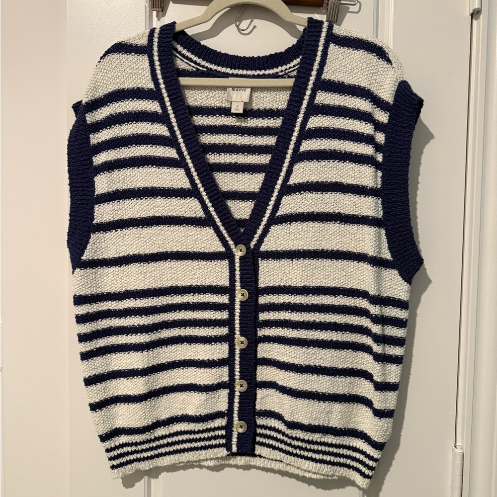 Maeve Navy & White Striped V-Neck Sweater Vest